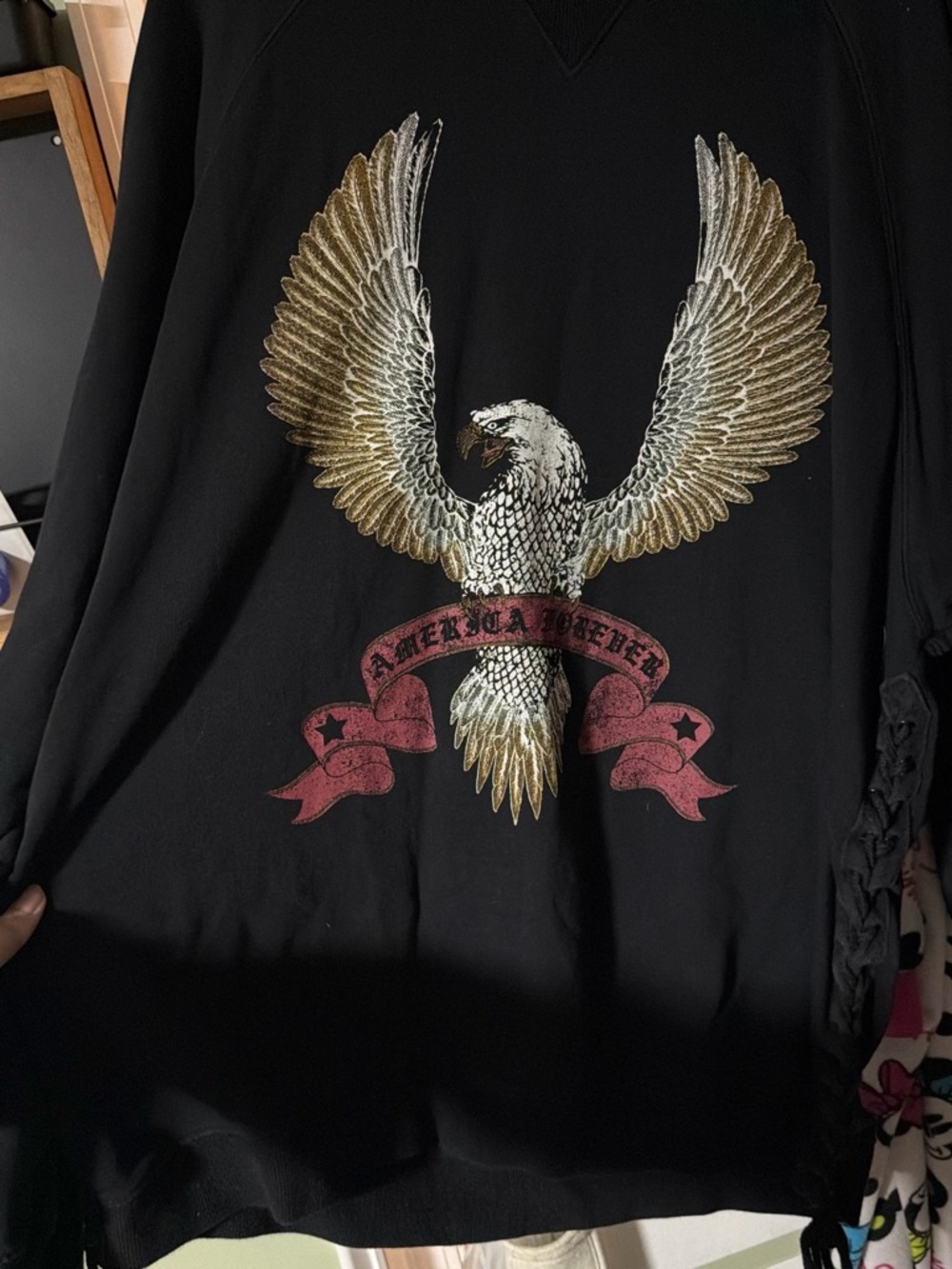 Black Sweatshirt with Eagle Graphic and Red Banner